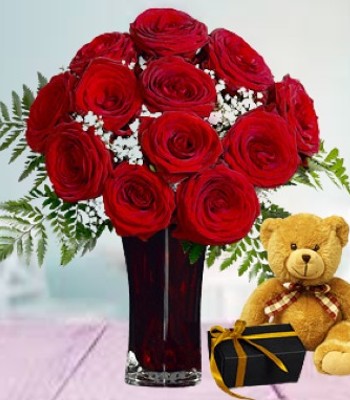 Rose Flower Bouquet - 12 Long Stem Red Roses With Red Vase, Chocolates and Teddy