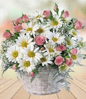White Daisies and Pink Roses Basket