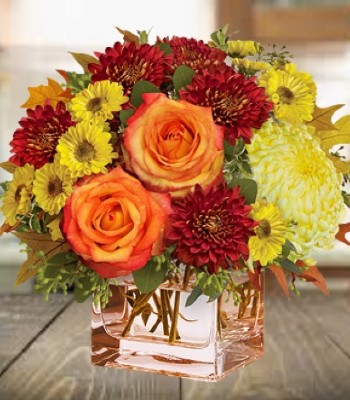 Roses and Chrysanthemums in Orange Cube Vase