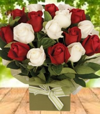 20 Bright Red and White Roses Hand-Crafted Flower Bouquet