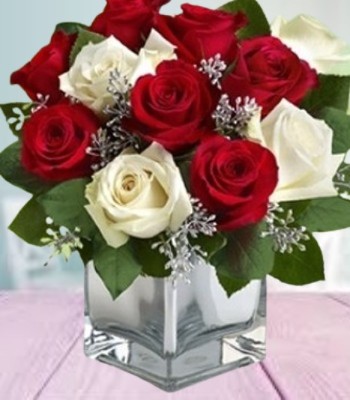All is Bright - Classic Red and White Roses Arrangement