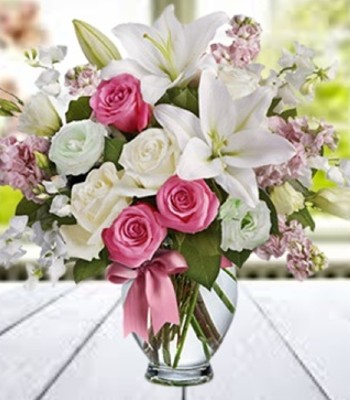 Lilies with White and Pink Roses Hand-Tied By Experts