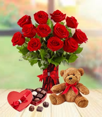 Complete Love - Roses in Red Vase Chocolates and Teddy Bear
