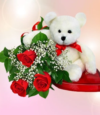 Red Rose Bouquet With Teddy Bear and Chocolates - 12 Medium Stem Red Roses