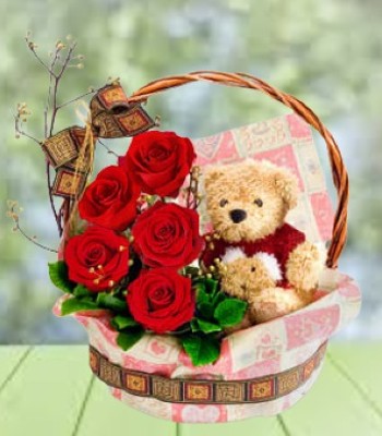 Rose Flower Basket With Teddy Bear