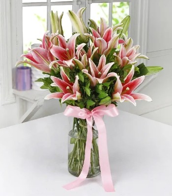 Stargazer Lily in Tall Glass Vase and Pink Ribbon