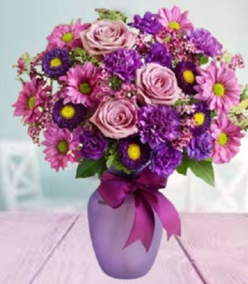 Roses Daisy Carnations and Asters in Lilac Vase