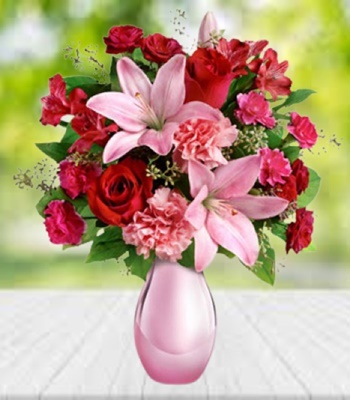 Rose and Lilies Bouquet in Pink Reflections Vase