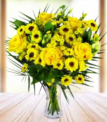 Mix Flower Bouquet - Yellow Color Flowers and Palms