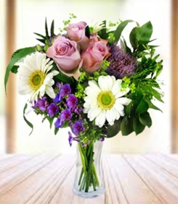 Blue Iris Bouquet With Rose And Gerbera Daisy