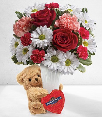 Flower & Teddy Bear - Rose, Carnation and Gerbera Daisy Bouquet