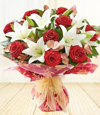 Love and Romance Bouquet - Red Rose & White Liliy