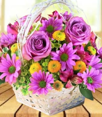 Flower Basket With Greenery - Lavender Color Flowers