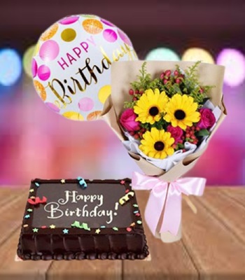 Birthday Flower Gift Combo - Happy Birthday Cake, Flowers and Balloon