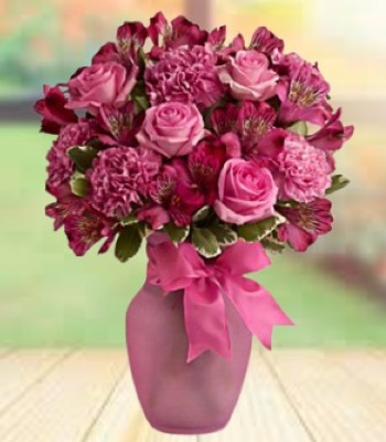 Carnation Bouquet with Rose & Alstromerias in Pink Vase