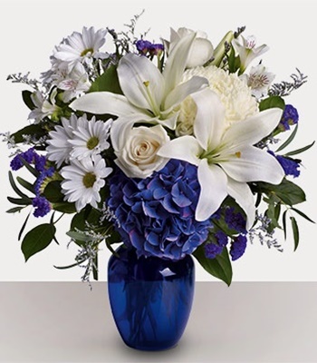 Mix Flowers - Hydrangea Roses Lilies and Alstroemeria In Blue Vase