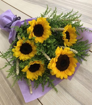 Sunflower Bouquet wrapped in Green Fillers - 5 Sunflowers