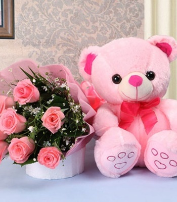 Valentine's Day Hug - Pink Rose Bouquet with Teddy Bear