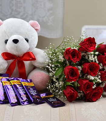 Rose Flower Bouquet - 12 Long Stem Red Roses with Teddy Bear and Chocolates