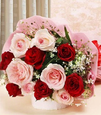 Red and Pink Flower Bouquet - Dozen Roses Beautifully Wrapped