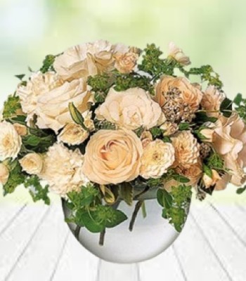 Peach Roses and Seasonal Flowers in Round Vase