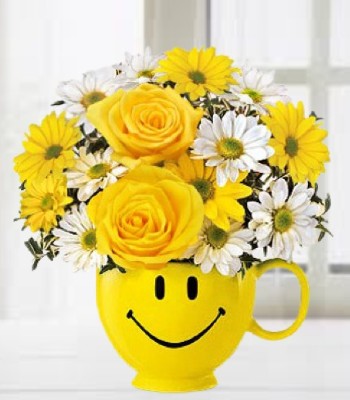 Happy Faced Mug With Daisies and Roses