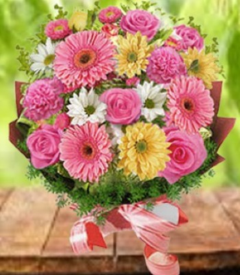 Pink Flower Bouquet - Roses, Gerbera Daisy and Carnation Flowers