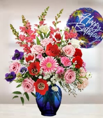 Happy Birthday Seasonal Flowers with Birthday Balloon