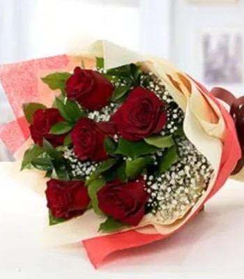 Flowers For Her - 6 Red Rose Bouquet With Ghysophilia & Lemonium