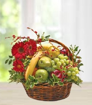Merrymaker's Basket - Gerberas with Fresh Fruits in Wicker Basket