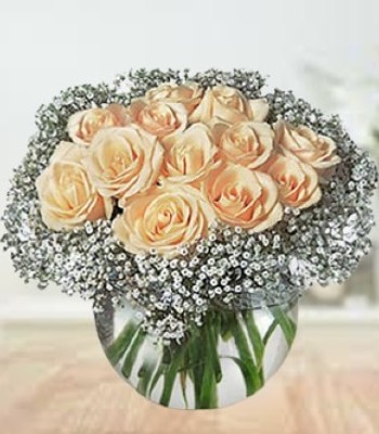 Peach Rose Bouquet With Star White Gypsophila - 12 Peach Roses