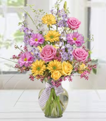 Flower Bouquet - Rose and Gerbera Daisy with Larkspur & Filler Flowers