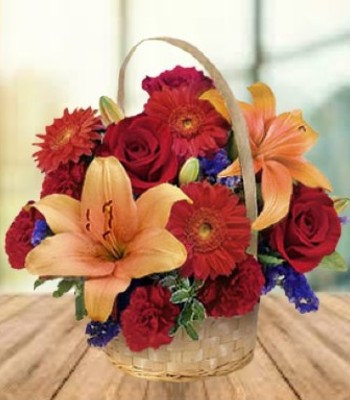 Flower Basket - Rose & Lily With Gerbera Daisy and Carnations