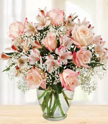 Paradise Island - Pink Roses and Peruvian Lilies in Vase