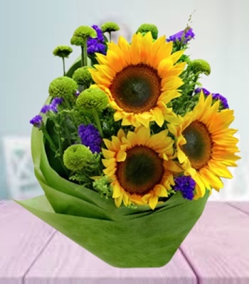 Sunflower Bouquet with Golden Phoenix and Forget Me Not Flowers