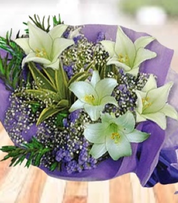 Sincerity - White Lilies with Baby's Breath Purple Statice and Ferns