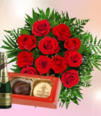 Dozen Red Rose Bouquet with Chocolates and Champagne Bottle