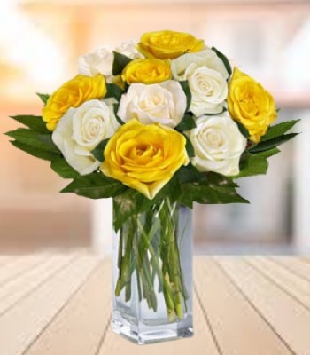 Yellow and White Roses with Lemon Leaves and Vase
