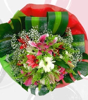 Mix Flowers - Lily, Gerbera Daisy and Artificial Poinsettias Bouquet