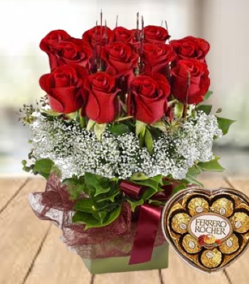 Blooming Love - Dozen Red Roses with Chocolates