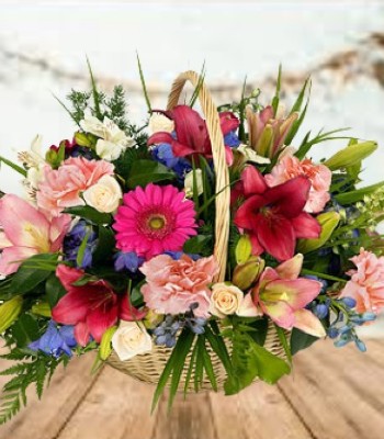 Carnations Roses Gerberas Delphiniums and Lilliumsis Basket