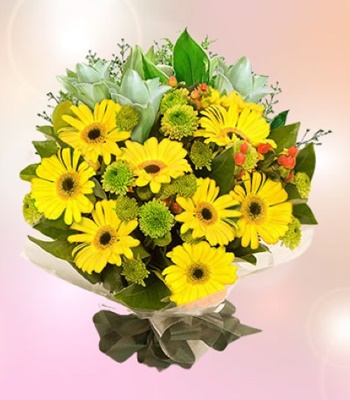 Yellow Gerberas with Palms and Greens