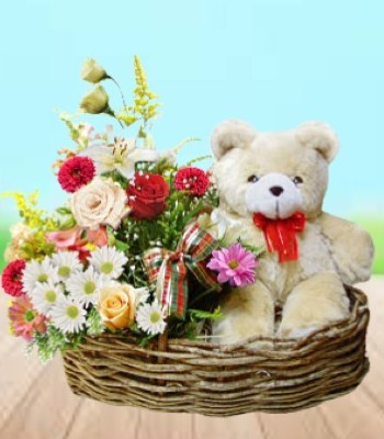 Mix Flowers Basket with Cuddly Plush Bear