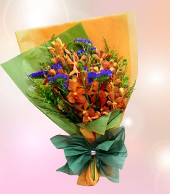 Regal Opulence - Orchids with Statice and Eucalyptus Leaves Bouquet