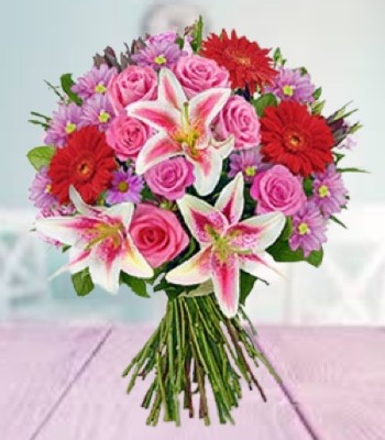 Mix Flower - Rose, Chrysanthemum, Gerbera Daisy & Stargazer Lily Bouquet