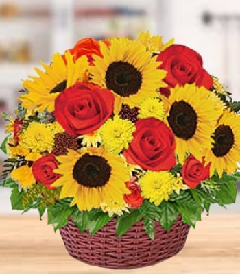 Sunflower and Rose Basket Mixed With Exotic Flowers