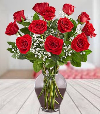Rose Flower Bouquet - 12 Red Roses With Free Vase