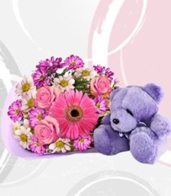 Mix Seasonal Flowers with Teddy Bear - Assorted Flowers Hand-Tied