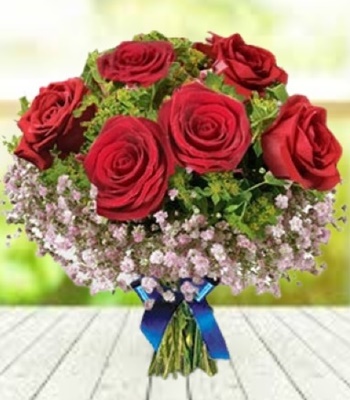 6 Red Roses Full Bloomed Hand-Tied with Blue Ribbon