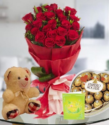 Dozen Red Rose Flower Bouquet - Free Teddy Bear & Ferrero Chocolates